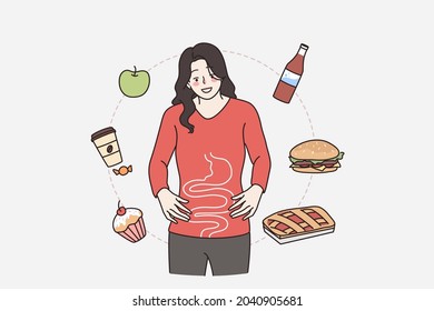 Gastro system and healthy digestion concept. Young smiling woman cartoon character standing showing her digestion with various foods flying around vector illustration 