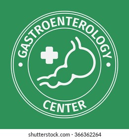 Gastroenteritis center icon with human stomach and long shadow effect. Isolated on green background. Flat style trendy modern vector illustration