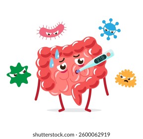 Gastroenteritis . Intestine cartoon character with bacterial cell . White isolated background . Vector .