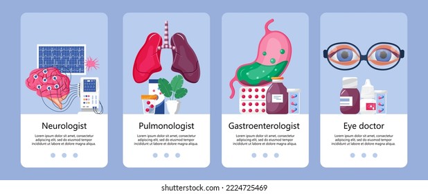 Gastroenterologist concept vector. Encephalogram of the patient's brain. Lungs and pulmonologist concept. Optometrist and myopia treatment, eyes with glasses.