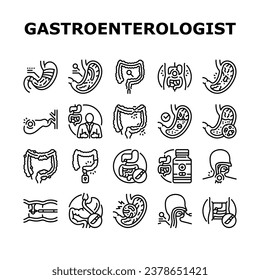 gastroenterologist doctor stomach icons set vector. health gastroenterology, intestine research, medical bowel, disease microbiota gastroenterologist doctor stomach black contour illustrations