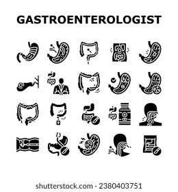 gastroenterologist doctor stomach icons set vector. health gastroenterology, intestine research, medical bowel, disease microbiota gastroenterologist doctor stomach glyph pictogram Illustrations