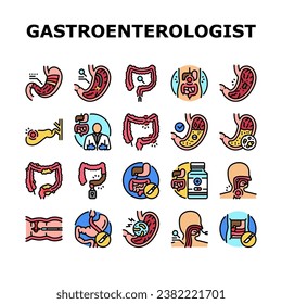 gastroenterologist doctor stomach icons set vector. health gastroenterology, intestine research, medical bowel, disease microbiota gastroenterologist doctor stomach color line illustrations