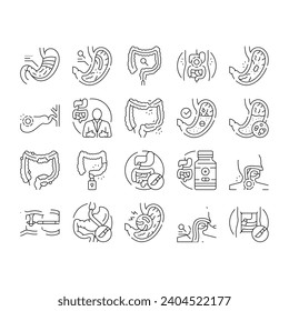 gastroenterologist doctor stomach icons set vector. health gastroenterology, intestine research, medical bowel, disease microbiota gastroenterologist doctor stomach black contour illustrations