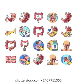 gastroenterologist doctor stomach icons set vector. health gastroenterology, intestine research, medical bowel, disease microbiota gastroenterologist doctor stomach color line illustrations