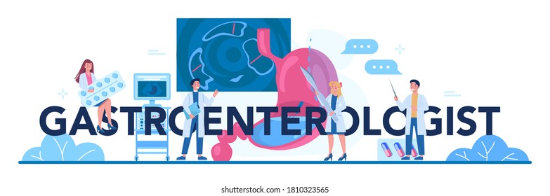 Gastroenterologist doctor typographic header. Idea of health care and stomach treatment. Doctor examine internal organ. Endoscopic and ultrasound examination. Vector illustration