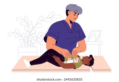 Gastroenterologist examines boy with stomach sick diagnosis. Pediatric medic, doctor palpates kid's belly. Pediatrician checkup, care about children health. Flat isolated vector illustration on white