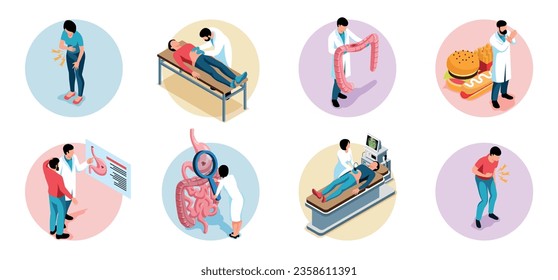 Gastroenterologist isometric compositions set with patients having painful symptoms doctors examining people unhealthy organs isolated vector illustration