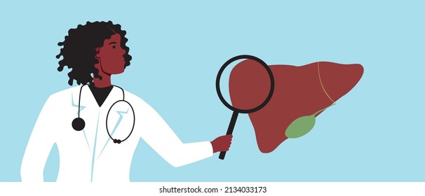 Gastroenterologist With Magnifying Glass, Dagnostics Of Liver And Gallbladder. Flat Vector Stock Illustration. Biliary Dyskinesia, Hepatitis Or Cirrhosis Of Liver As Gastro Disease. Afro Doctor 