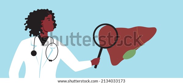 Gastroenterologist with magnifying glass, dagnostics of\
liver and gallbladder. Flat vector stock illustration. Biliary\
dyskinesia, hepatitis or cirrhosis of liver as gastro disease. Afro\
doctor 
