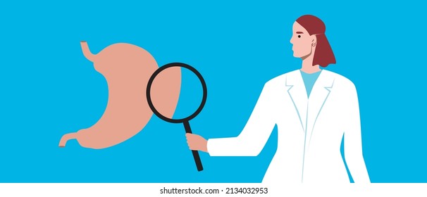 Gastroenterologist With Magnifying Glass And Diagnosis Of Stomach Diseases. Flat Vector Stock Illustration. Doctor In White Coat During Treatment Of Gastro Organs, Gastritis, Stomach Ulcers, Reflux