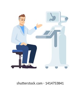 Gastroenterologist at work flat vector illustration. Professional doctor at workplace isolated cartoon character on white background. Abdominal ultrasound. Technical medical equipment. Stomach exam