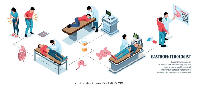 Gastroenterólogos y pacientes durante el examen médico ilustración vectorial de infografía isométrica