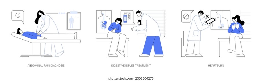 Concepto abstracto de gastroenterología conjunto de ilustraciones vectoriales. Diagnóstico del dolor abdominal, tratamiento de problemas digestivos, ardor de estómago y reflujo ácido, dolor de estómago examen médico metáfora abstracta.