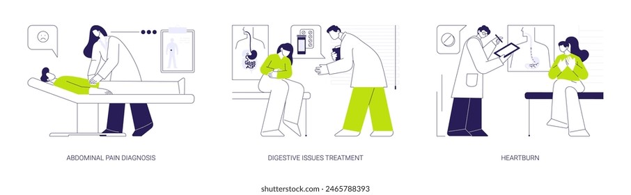 Gastroenterology abstract concept vector illustration set. Abdominal pain diagnosis, digestive issues treatment, heartburn and acid reflux, stomach pain medical examination abstract metaphor.