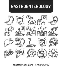 Gastroenterology black line icons set. Abdominal medical examination. Pictograms for web, mobile app, promo. UI UX design elements. Editable stroke.