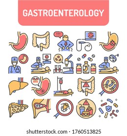 Gastroenterology color line icons set. Abdominal medical examination. Pictograms for web, mobile app, promo. UI UX design elements. Editable stroke.