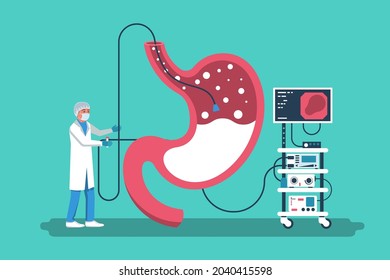 Gastroenterology concept. Clinical researches. Vector illustration flat design. Isolated on white background. Diagnosis of the disease of the stomach. Landing page, medical clinic template. 