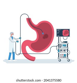 Gastroenterology concept. Clinical researches. Vector illustration flat design. Isolated on white background. Diagnosis of the disease of the stomach. Landing page, medical clinic template. 