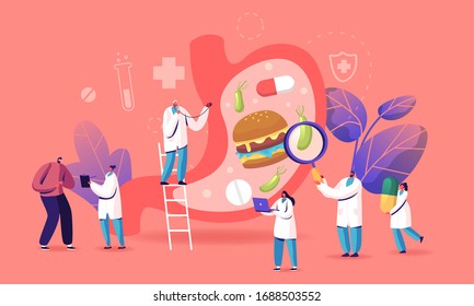 Concepto Gastroenterología. El personaje principal sufre de Stomachache y de la enfermedad de Helicobacter. El paciente toca el vientre doloroso en la cita del doctor. Enorme Stomach, Estudio De Medicos. Ilustración de vectores de personas de caricaturas