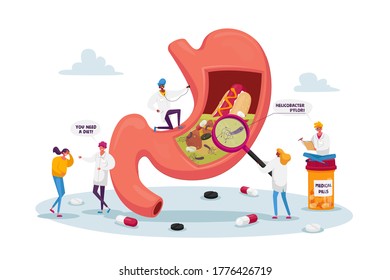 Gastroenterology Concept. Patient Character Suffer of Stomachache and Helicobacter Disease Touch Painful Belly at Doctor Appointment. Medics Study Huge Stomach. Cartoon People Vector Illustration