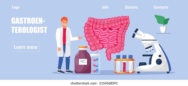 Vector de concepto gastroenterológico. Los médicos de intestinos grandes y pequeños examinan, tratan la disbiosis. El gastroenterólogo estudia las bacterias nocivas. Gastritis, úlcera estomacal