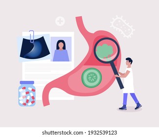 Gastroenterology concept. Young man checks stomach. Colorful flat vector illustration