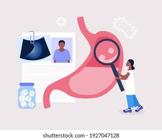 Gastroenterology concept. Young woman checks stomach. Colorful flat vector illustration