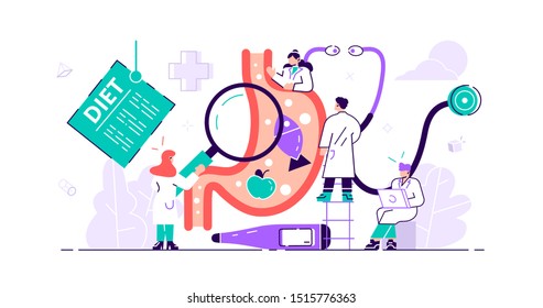 Gastroenterology Concept.Tiny Stomach Doctor Persons. Medical Internal Organs Disease Health Care. Tract System Examination And Ultrasound Xray Diagnosis And Food Suggestions. Vector Illustration Flat