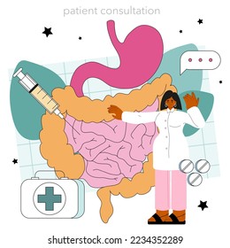 Gastroenterology doctor. Colon and stomach desease treatment. Doctor examine organs of digestive system. Flat vector illustration