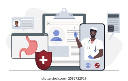 Gastroenterology doctor concept. Man in medical uniform near smartphone with stomach. Online consultation. Diagnosis and treatment. Medical occupation. Flat vector illustration