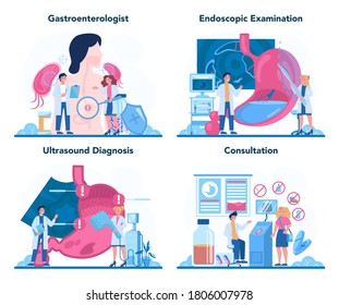 Gastroenterology doctor concept set. Idea of health care and stomach treatment. Doctor examine internal organ. Endoscopic and ultrasound examination. Vector illustration