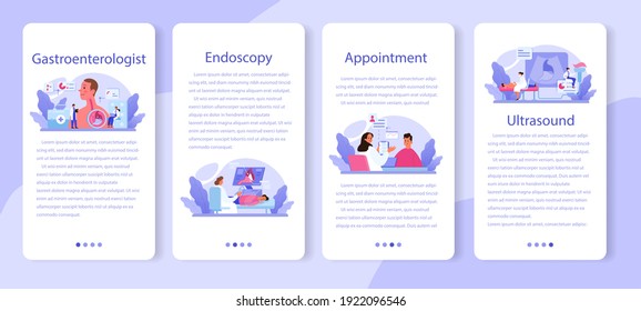 Gastroenterology doctor mobile application banner set. Idea of health care and stomach treatment. Doctor examine internal organ. Endoscopic and ultrasound examination. Vector illustration