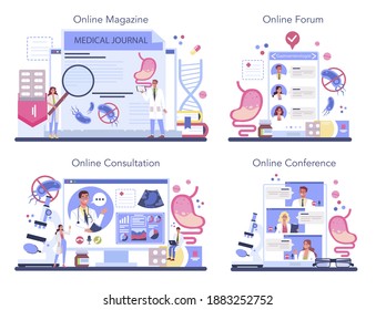 Gastroenterology doctor online service or platform set. Idea of health care and stomach treatment. Doctor examine internal organ. Online magazine, consultation, forum, conference. Vector illustration