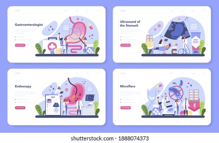 Gastroenterology doctor web banner or landing page set. Idea of health care and stomach treatment. Doctor examine internal organ. Endoscopic and ultrasound examination. Vector illustration