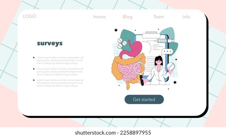 Gastroenterology doctor web banner or landing page. Colon and stomach desease treatment. Doctor examine organs of digestive system. Flat vector illustration