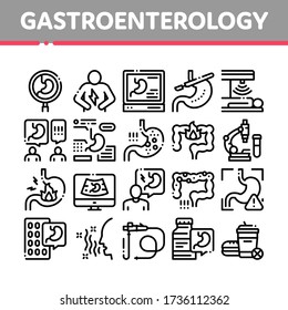 Gastroenterology And Hepatology Icons Set Vector. Gastroenterology Department, Stomach Ache And Analysis, Fat Food And Unhealthy Drink Concept Linear Pictograms. Monochrome Contour Illustrations