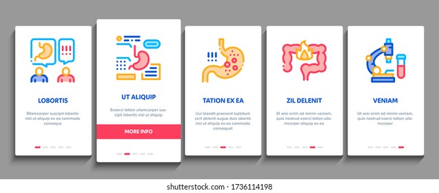 Gastroenterology And Hepatology Onboarding Mobile App Page Screen Vector. Gastroenterology Department, Stomach Ache And Analysis, Fat Food And Unhealthy Drink Color Illustrations