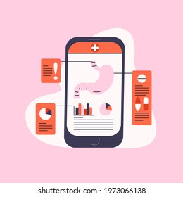 Gastroenterology mobile application flat cartoon illustration. Stomach medical examination on smartphone banner design. Gut care, digestion check up background.