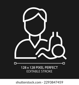Gastroenterology pixel perfect white linear icon for dark theme. Gastrointestinal system disorders. Diagnostics, treatment. Thin line illustration. Isolated symbol for night mode. Editable stroke