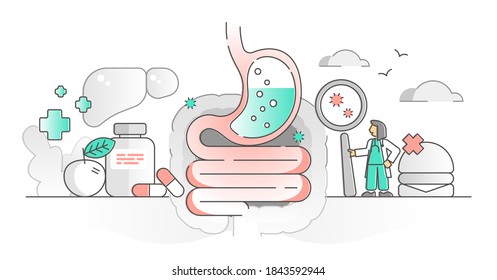 Gastroenterology as stomach and digestive system monocolor outline concept. Healthcare medicine field with organ gastroscopy and endoscopy for gastritis and food processing microflora inflammation.