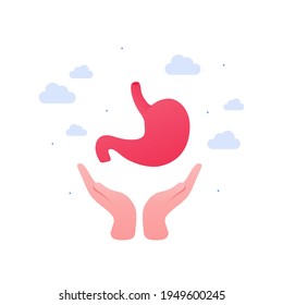 Gastroenterology and stomach disease concept. Vector flat illustration. Human hand holding anatomical human organ symbol on sky background. Design for health care, science, education