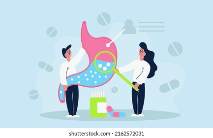 Gastroenterology stomach and endoscope anatomy doctor. Medical gastroscopy system pain vector illustration. Ambulance for infection inflammation to internal organ. Healthcare gastric or gut tract