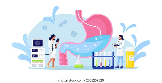 Gastroenterology. Tiny doctors diagnosis of the stomach disease using endoscopy. Human stomach with endoscope inside. Tract system examination. Vector illustration