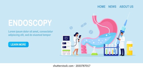 Gastroenterology. Tiny doctors diagnosis of the stomach disease using endoscopy. Human stomach with endoscope inside. Tract system examination. Vector illustration