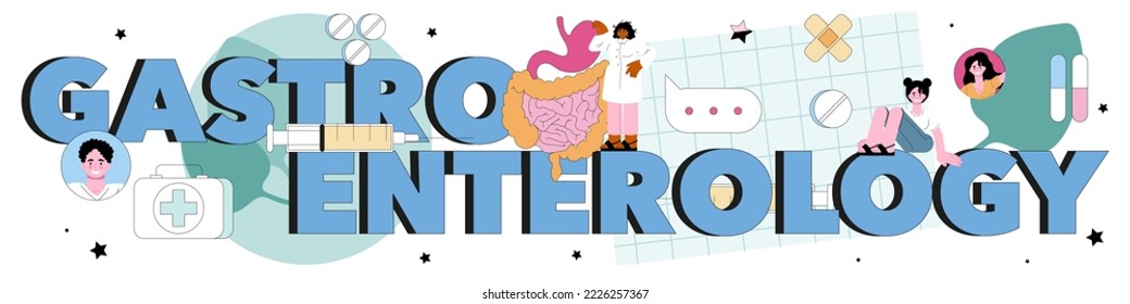 Gastroenterology typographic header. Colon and stomach desease treatment. Doctor examine organs of digestive system. Flat vector illustration