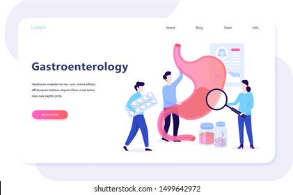 Gastroenterology web banner concept. Idea of health care and stomach treatment. Doctor examine internal organ. Vector illustration in cartoon style