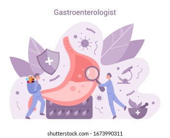 Gastroenterology web banner concept. Idea of health care and stomach treatment. Doctor examine internal organ. Vector illustration in cartoon style
