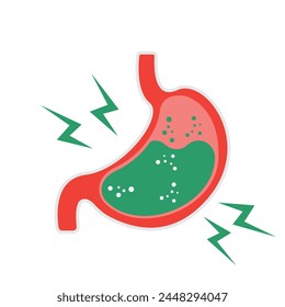Gastroesophageal reflux disease concept. Human stomach full of gastric acid, cut view. Vector illustration in flat style.