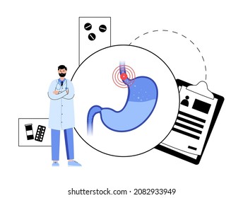 Gastroesophageal Reflux Disease. Doctor In Clinic. Digestive Disorder And GERD In Human Body. Pain, Heartburn In Chest, Stomach And Esophagus. Open Sphincter Allows Acid Reflux Vector Illustration